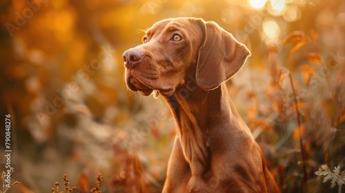 Vizsla Dog in Autumn Field. Portrait of Hungarian Hound Pointer, Pet and Hunter Breed in Domestic Environment