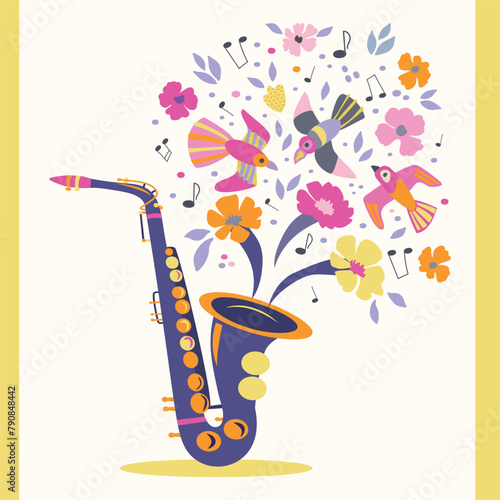 Spring illustration with a saxophone with a birds, flowers, notes. Blue, yellow, pink colours. For postcards, concert invitations, banners, posters