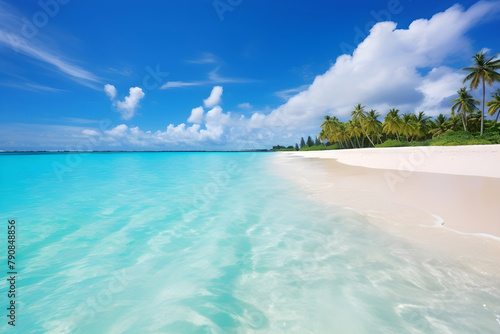 Serene tropical beach with crystal-clear turquoise waters on a sunny day