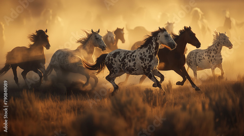 Sunset Herd of Appaloosa Horses in Grassland. A majestic herd of Appaloosa horses races through a grassy field at sunset, kicking up a mist of golden dust under a dramatic sky