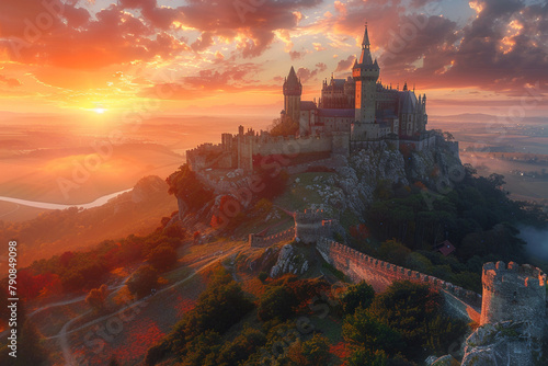 A majestic castle standing tall on a hilltop during sunrise