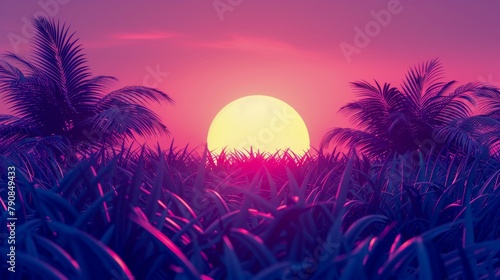 A pink and purple retro landscape with a large sun setting over a field of grass and palm trees.