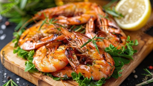 Delicious salad grilled shrimp seafood with lettuce vegetable on wooden cutting board. AI generated