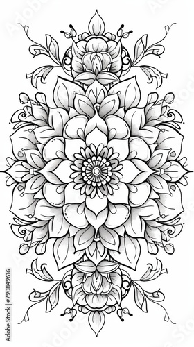 Mandala: A coloring book page featuring a mandala design with a floral mandala pattern, including roses, daisies, and tulips