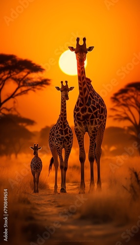 A family of giraffes moving through the golden grass of the savannah at sunsettheir silhouettes casting long shadows.