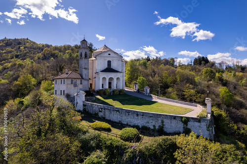 Aerial view of the Sanctuary on a rocky spur Santuario Madonna del Sasso © afinocchiaro