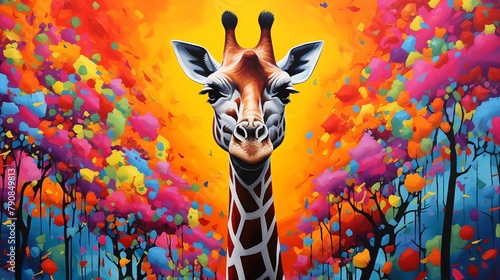 Artistic interpretation of a giraffe in a surreal landscapeexaggerated proportions and vibrant colors enhancing its majestic presence. photo
