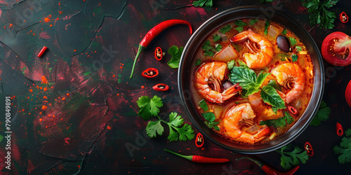 Delicious shrimp curry with fresh tomatoes and herbs in a bowl on a dark background, top view