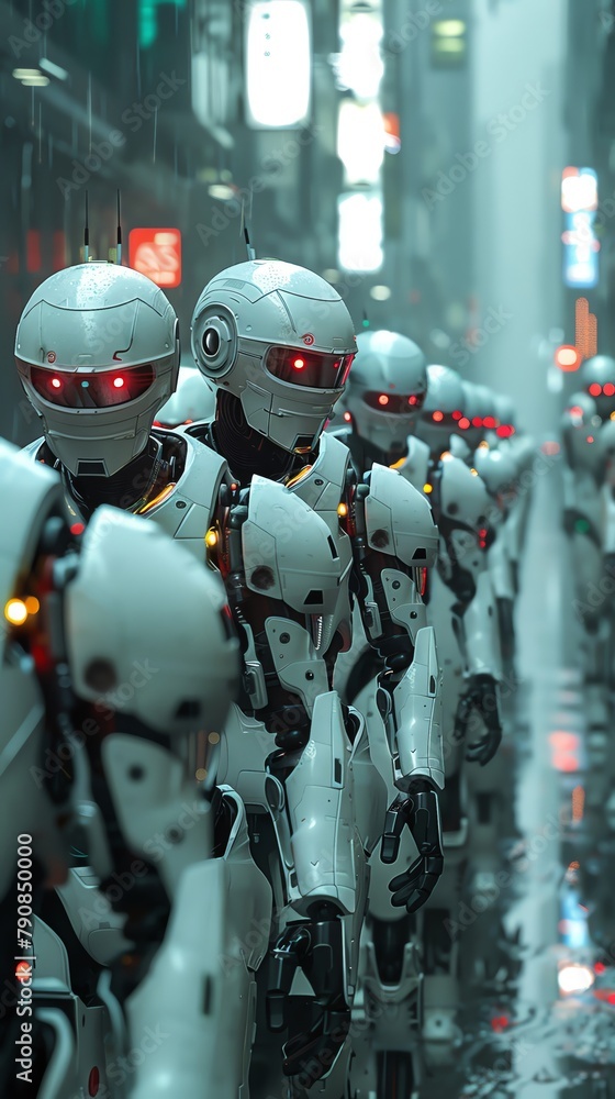 A quarantine zone guarded by robotic enforcers, monitoring and controlling a viral outbreak in a dystopian city A quarantine zone guarded by robotic enforcers, monitoring and controlling a viral outbreak in a dystopian city