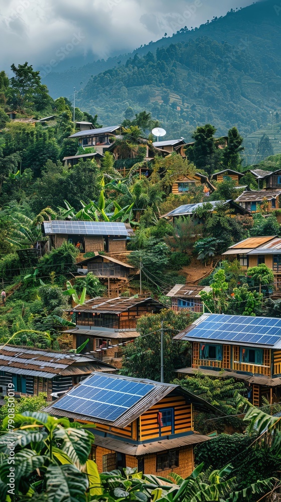 A rural microfinance hub in a lush green village, equipped with solar panels and satellite dishes for global connectivity
