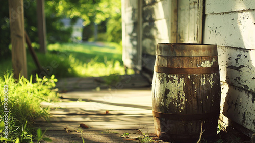 A vintage wooden milk churn sitting on a sun-dappled porch, waiting to be filled with creamy goodness.