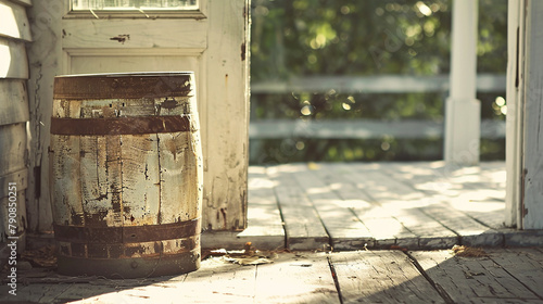 A vintage wooden milk churn sitting on a sun-dappled porch, waiting to be filled with creamy goodness. photo