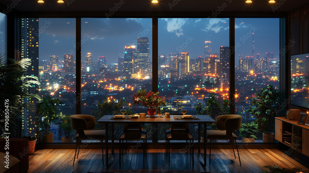a cityscape at night through large windows.