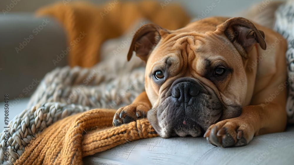 Cozy Canine Comfort: A Bulldog's Quiet Contemplation. Concept Pets Photography, Bulldog Portraits, Cozy Indoor Setting, Relaxation, Thoughtful Moments