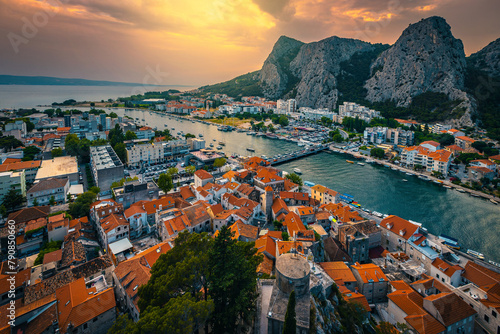 Omis cityscape with Cetina river at sunset, Croatia