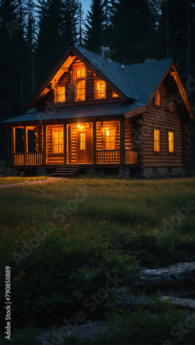 Beautiful log cabin in a forest clearing, night time, warm glow emanating from the windows, warm, cozy peaceful feeling