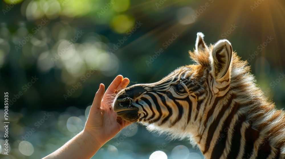 Naklejka premium A person feeding a zebra with their hand in front of it, AI