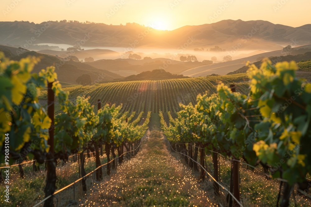 Sunrise at Organic Vineyard with Dew-Kissed Grapes

