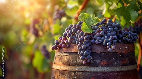 A wooden barrel overflowing with freshly harvested grapes, their deep purple hues promising the rich flavors of wine to come. photo