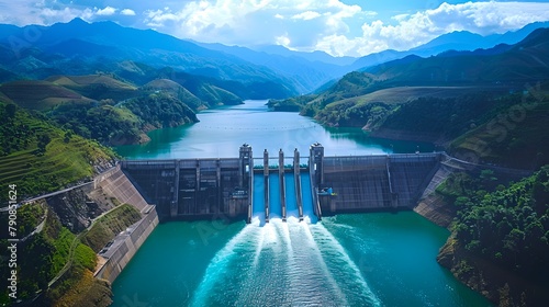 Aerial View of a Majestic Hydroelectric Dam. Blue Waters with Open Spillways in a Mountainous Landscape. Renewable Energy Source Infrastructure. AI photo
