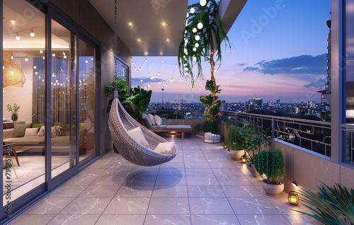 Large terrace on the roof of an apartment with a large wooden floor, hanging chair and lighting garland overlooking a city view at sunset