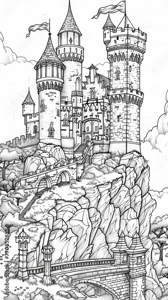 Place: An enchanting coloring book illustration of a fairy-tale castle perched on a hill Place: An enchanting coloring book illustration of a fairy-tale castle perched on a hill