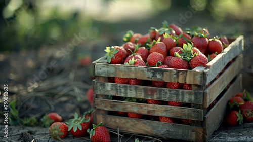 A wooden crate filled with freshly picked strawberries, their sweet scent filling the air with the promise of summer.