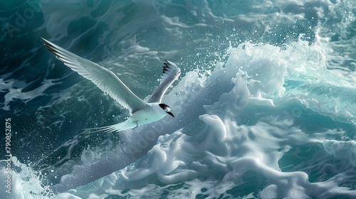 Agile tern swooping gracefully over the ocean waves, its sleek form a study in aerodynamic efficiency. photo