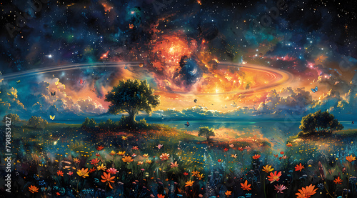 Celestial Symphony: A Rotating Garden of Flowers and Butterflies Among Rings
