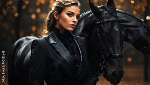 portrait of a model with a horse, all black elegant suit