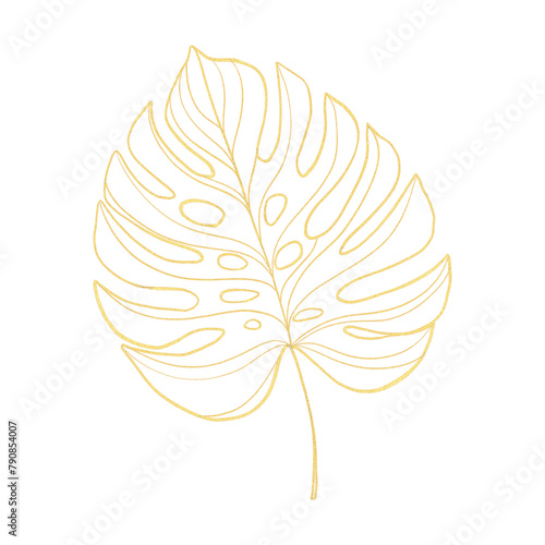 Golden outline tropical leaf. Exotic decoration for cosmetics, spa, health care products, tourist agency, summer party invitation, aroma, cards, banner.