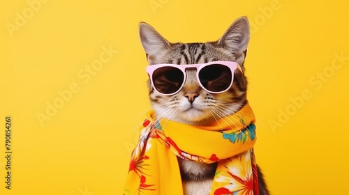 A cat wearing sunglasses and a yellow scarf