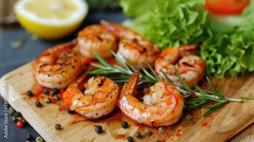 Delicious salad grilled shrimp seafood with lettuce vegetable on wooden cutting board. AI generated