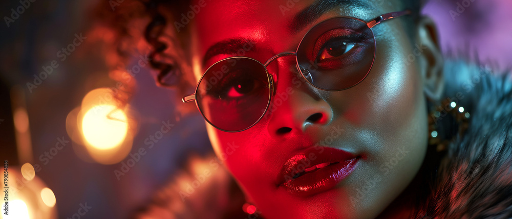 glamorous african american woman in red neon light with round glasses. Generative AI glamorous african american woman in red neon light with round glasses. Generative AI