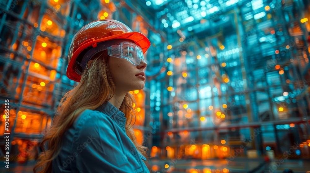 A young female engineer wearing a hard hat and safety glasses looks thoughtfully at an industrial plant.