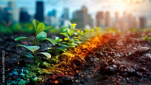 Green plants growing in the soil with a blurred cityscape in the background photo