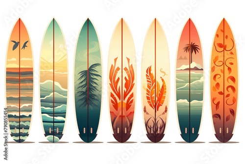 six colorful surfing boards on white illustration