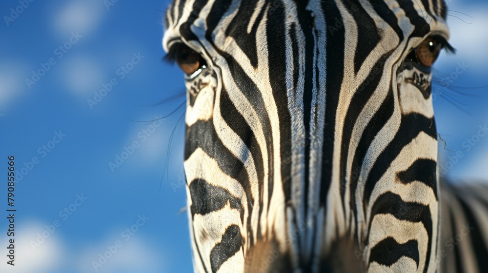 Fototapeta premium A close up of a zebra's face with the sky in background, AI