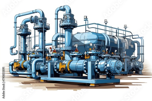 Pipelines and pumps in oil refinery illustration