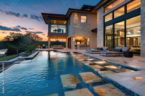 A beautiful home with an outdoor pool and lounge area  showcasing the luxurious style of modern Texas homes