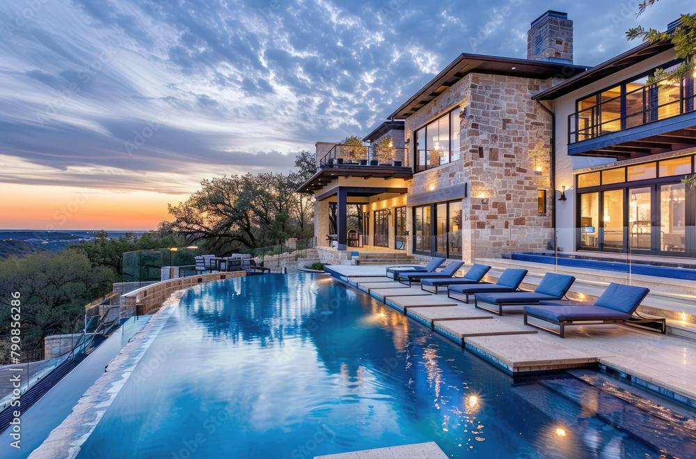 A beautiful home with an outdoor pool and lounge area, showcasing the luxurious style of modern Texas homes