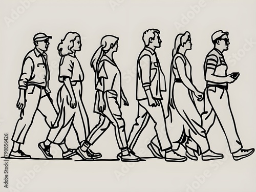 group of people in a row walking