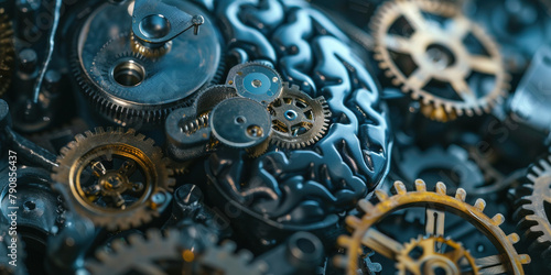 Closeup detailed view of gears and cogs in a intricate clockwork mechanism on a black background