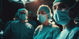 Medical professionals in surgical scrubs standing under operating room lights, ready to perform a procedure