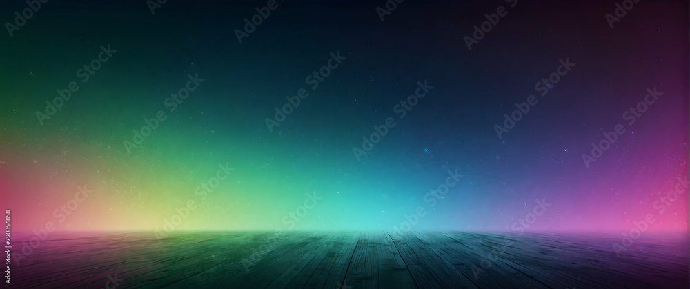 This image captures a stunning aurora borealis effect over a realistic wooden floor, ideal for conveying wonder