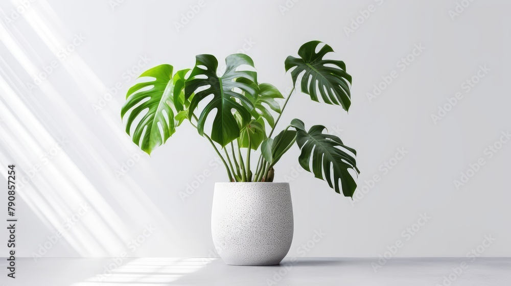 Beautiful monstera in white pot on the background of a white wall. AI generated. Beautiful monstera in white pot on the background of a white wall. AI generated.