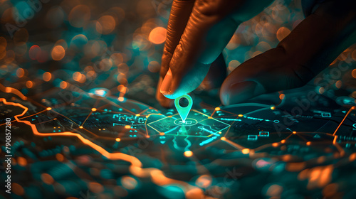 A hand-pointing pin on a glowing green light hologram map, futuristic visualize technology concepts photo