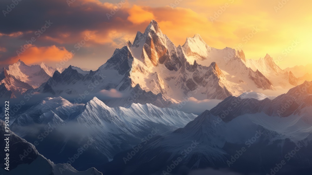 Sunrise in the snowy mountains. Snowy mountains. AI generated.