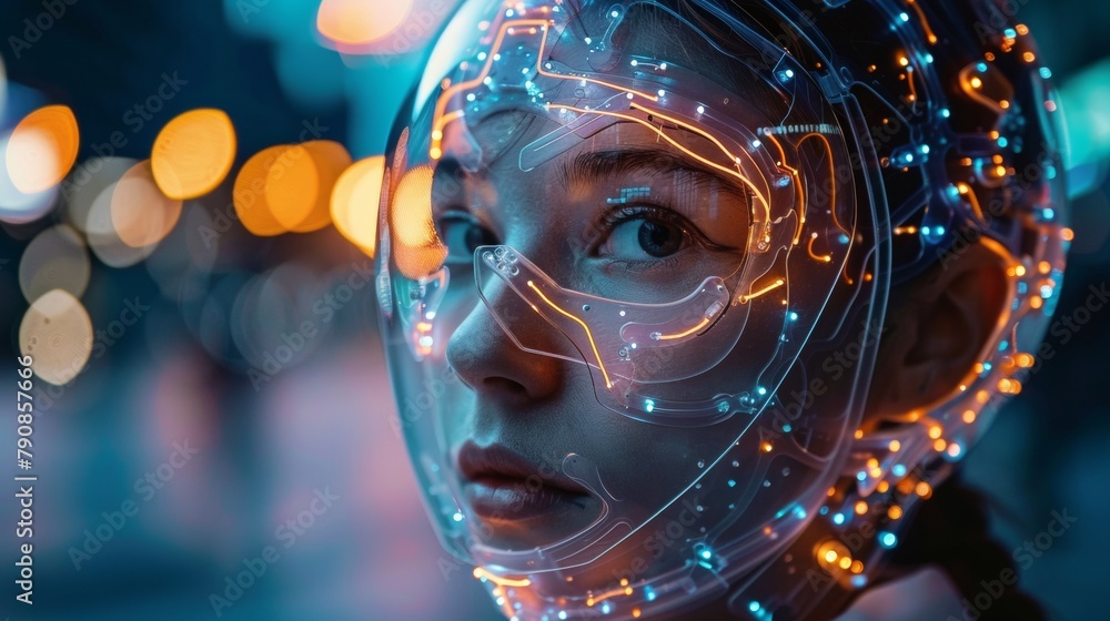 A woman wearing a glowing headband with wires and lights, AI A woman wearing a glowing headband with wires and lights, AI