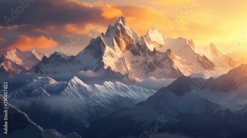 Sunrise in the snowy mountains. Snowy mountains. AI generated.
